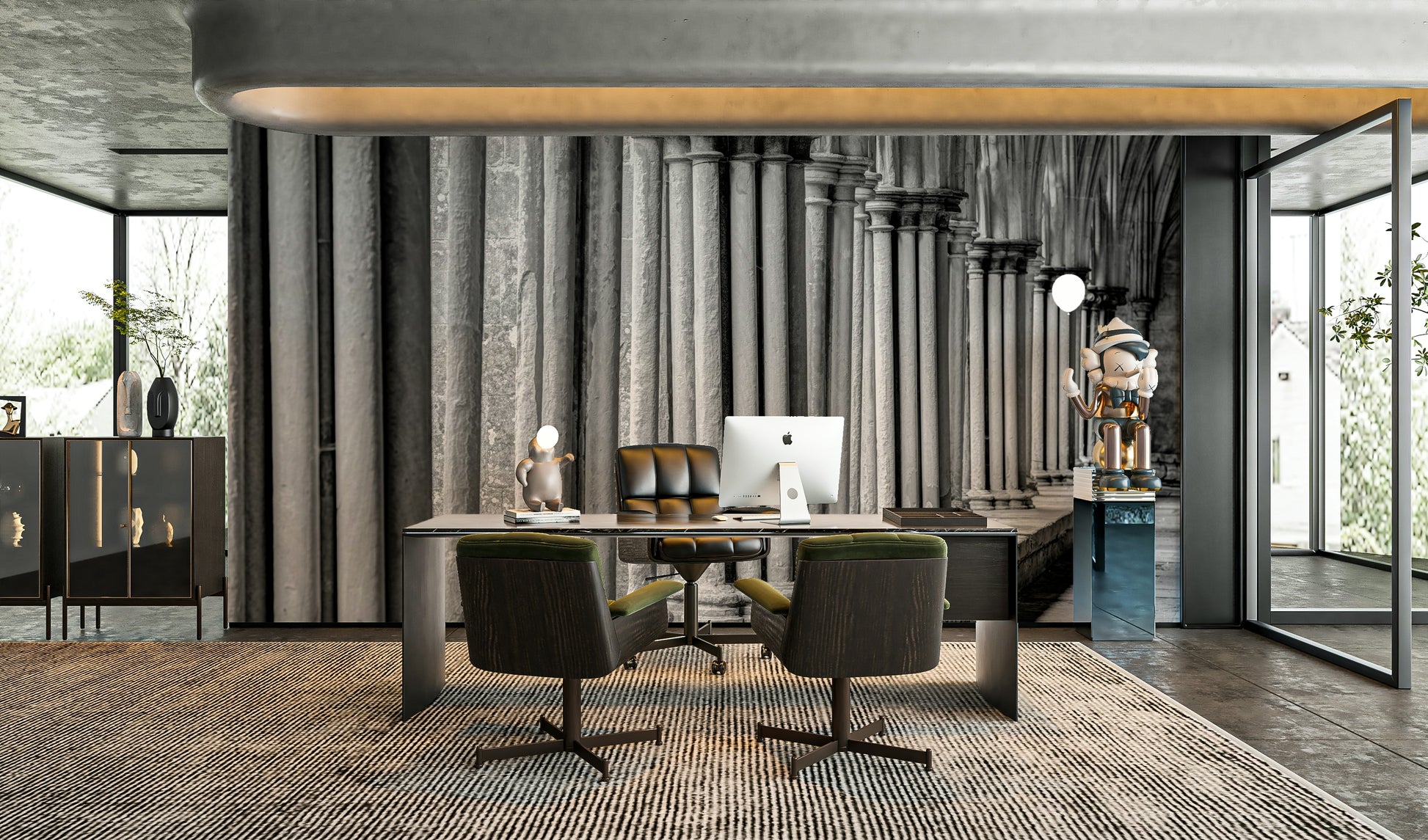 The image shows an artistic impression of a serene architectural scene with columns.

