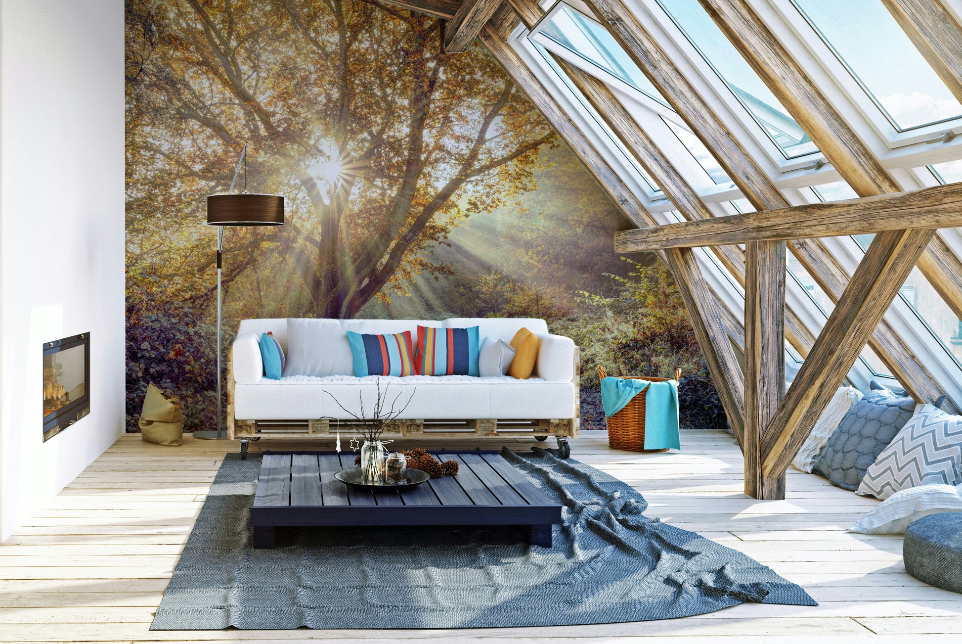 The image shows an artistic impression of a serene forest with a golden glow.

