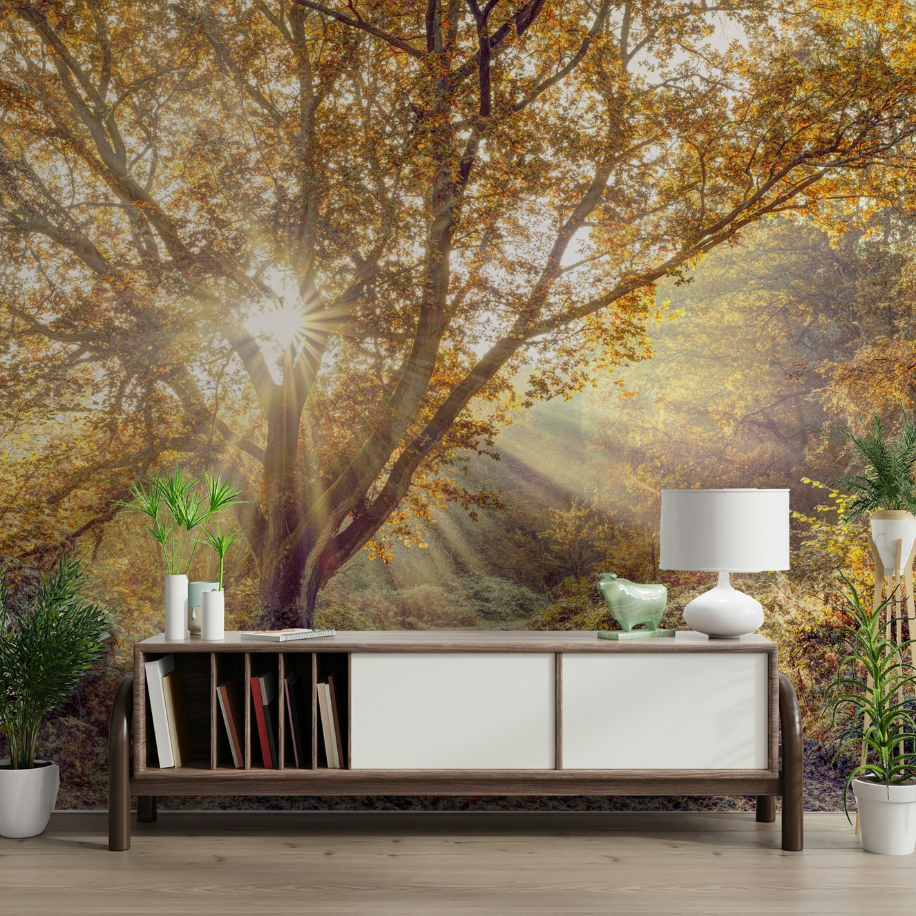 A wall mural of a peaceful forest scene.

