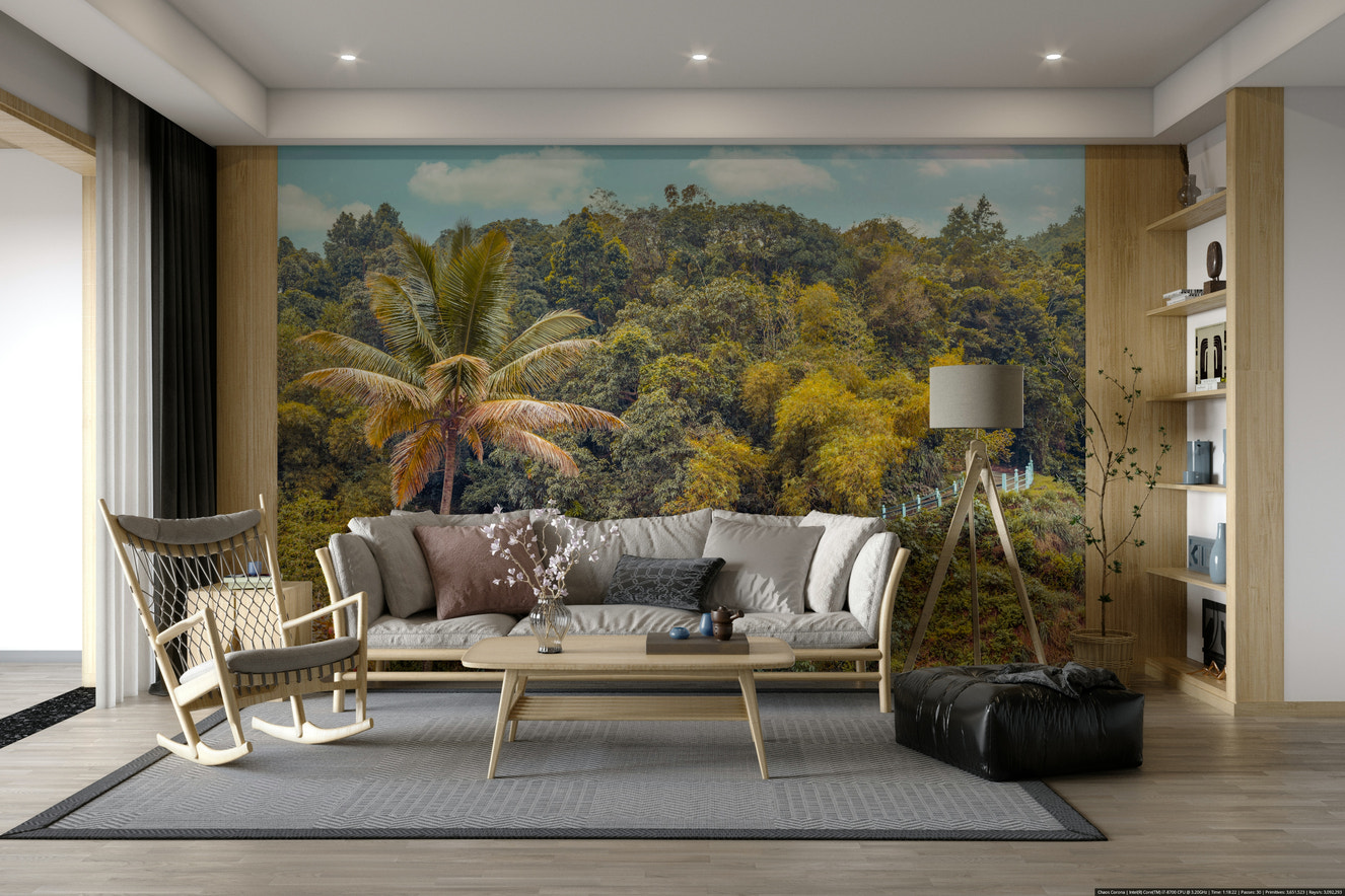 A wall mural of a lush green mountain scene.

