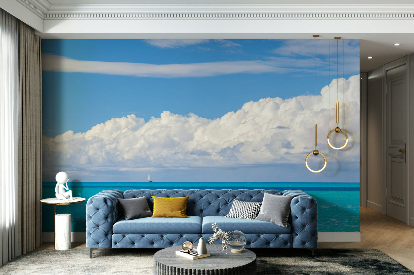 The sky is filled with large, fluffy white clouds.

