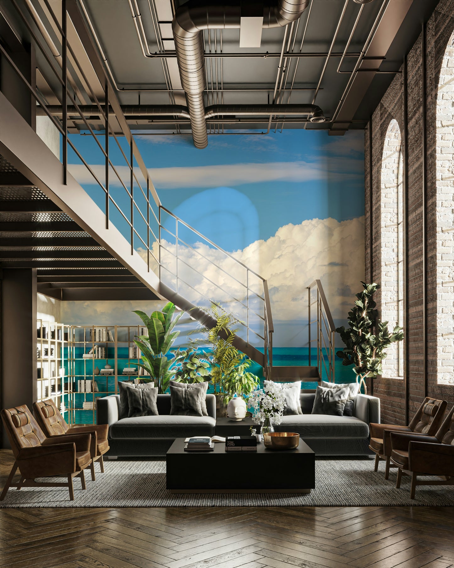 The image depicts a calm ocean under a blue sky with white clouds.