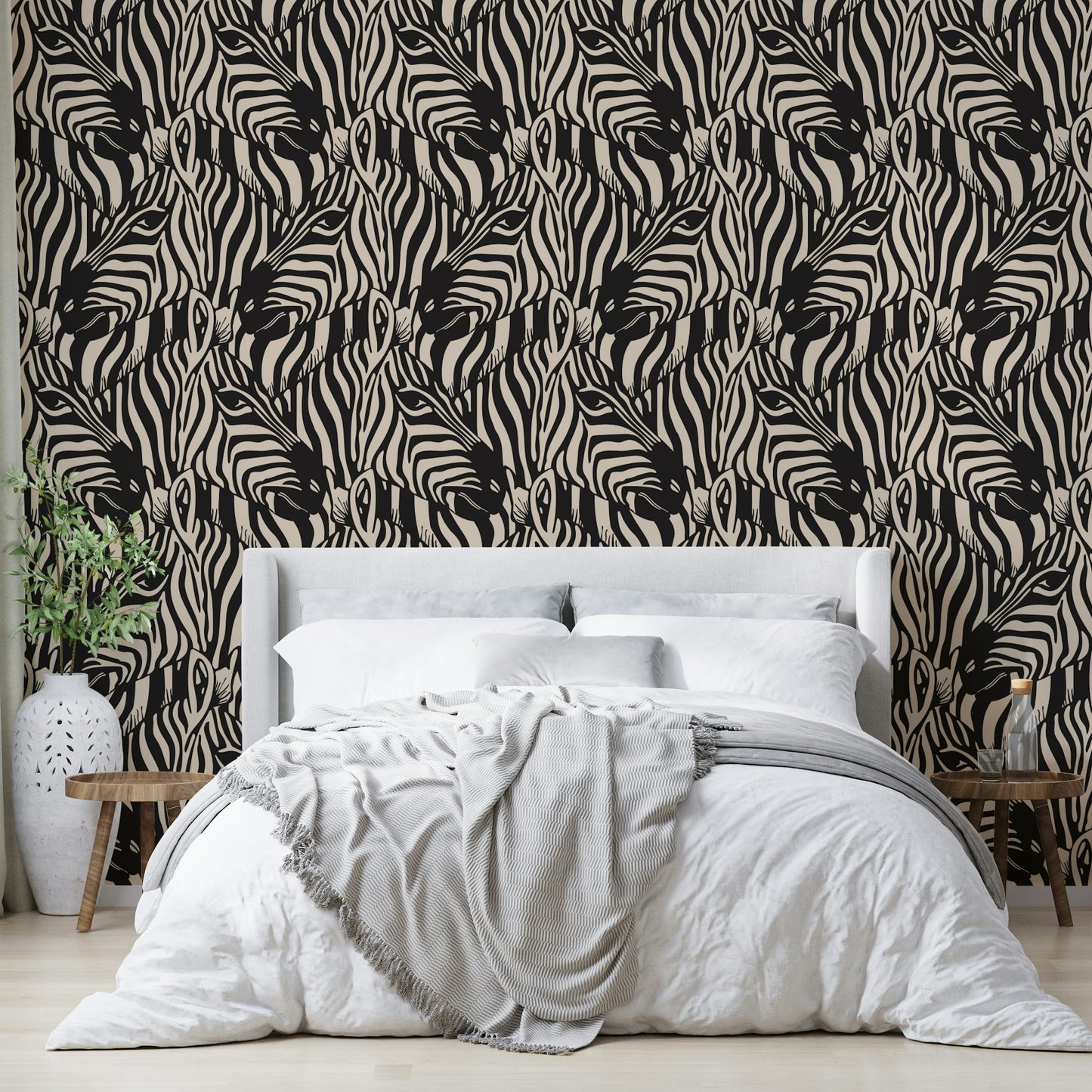 A wallpaper design with a zebra herd.

