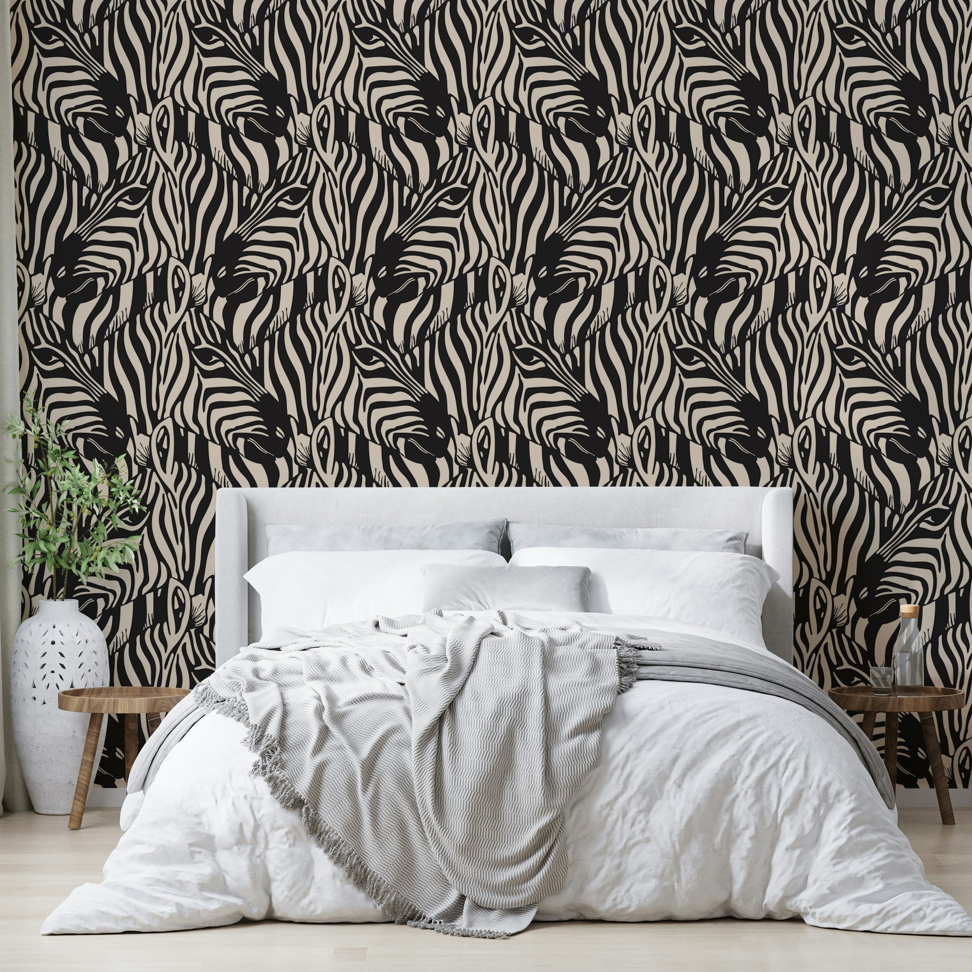 A wallpaper design with a zebra herd.


