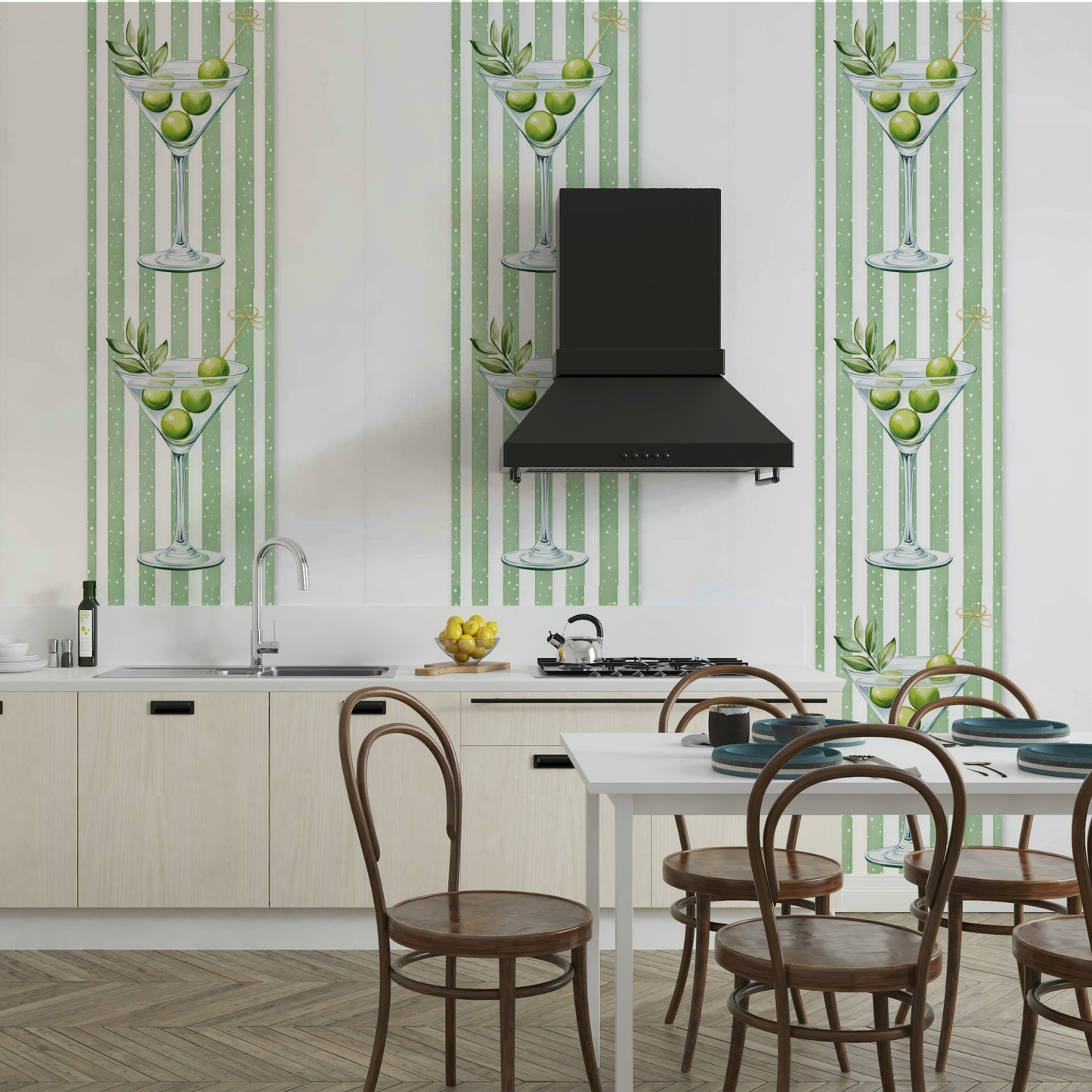 The colors are inspired by an olive martini, with olive green, white, and a hint of gray.

