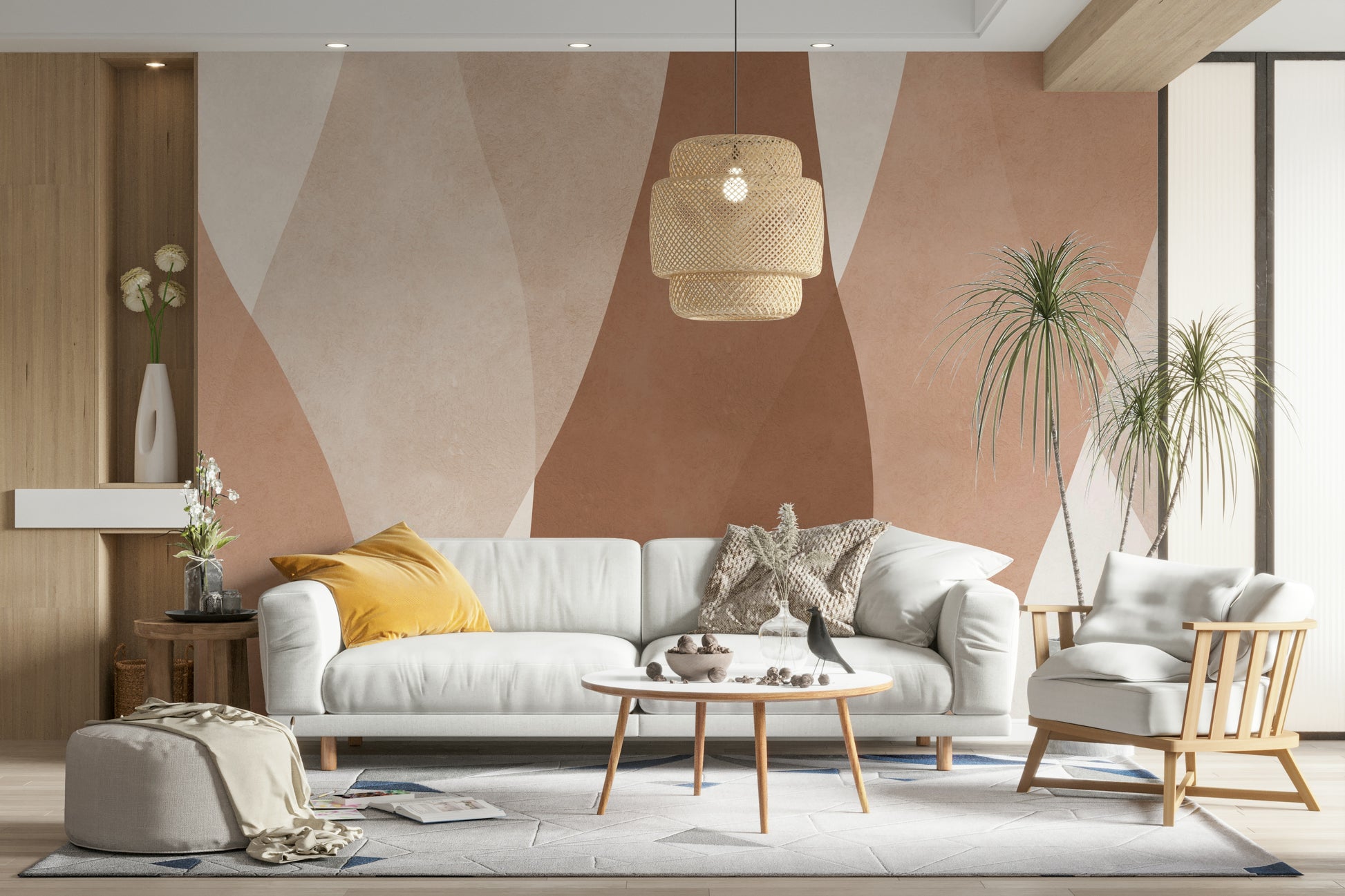 The colors are earthy tones like beige, brown, and soft green.

