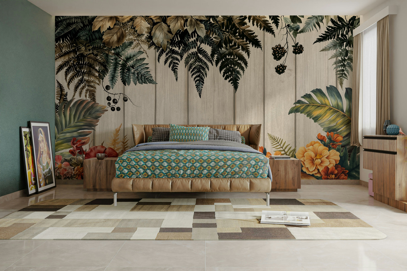 A wall mural of a fern forest with mushrooms.

