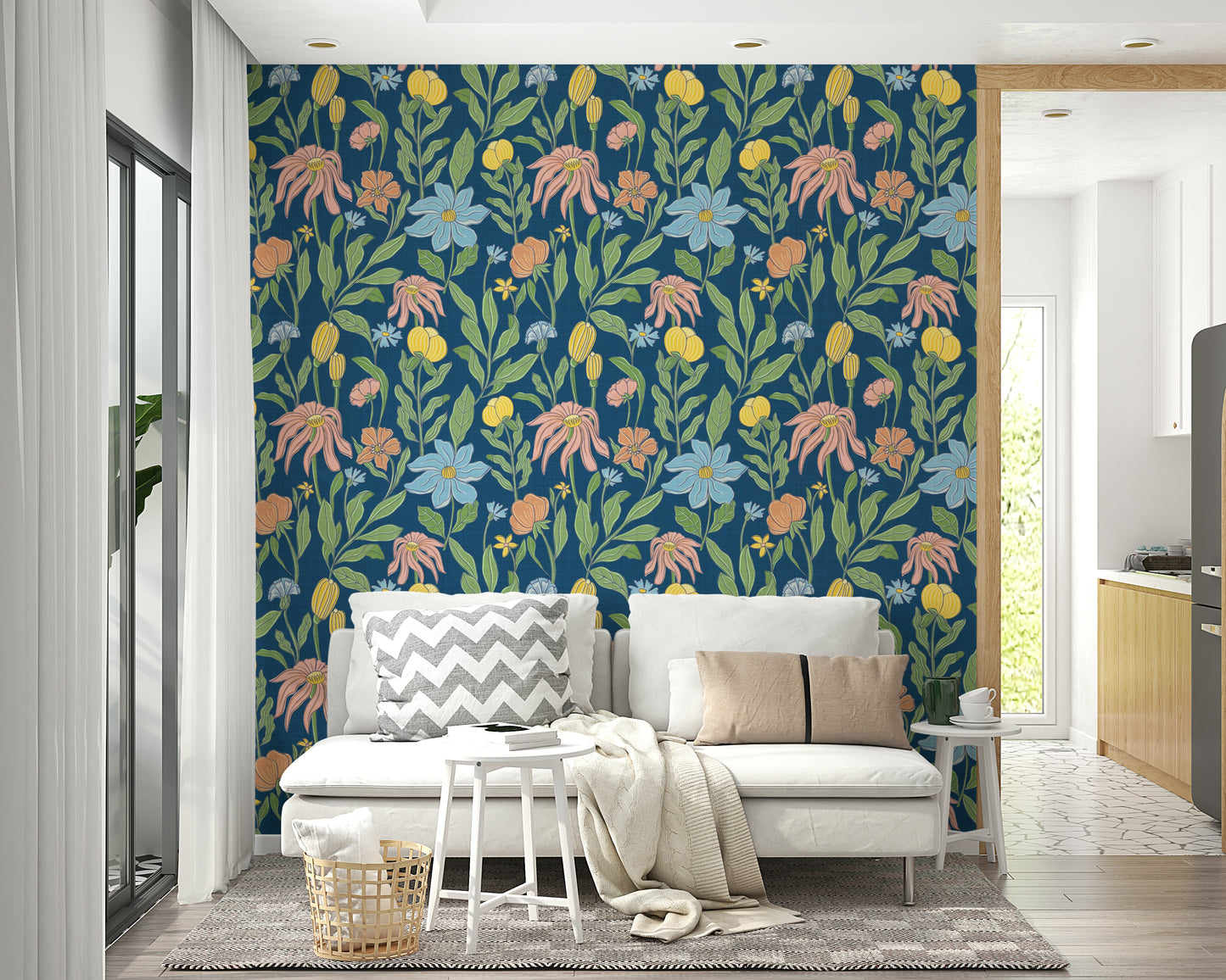 The image shows a repeating pattern of classic flowers and leaves.


