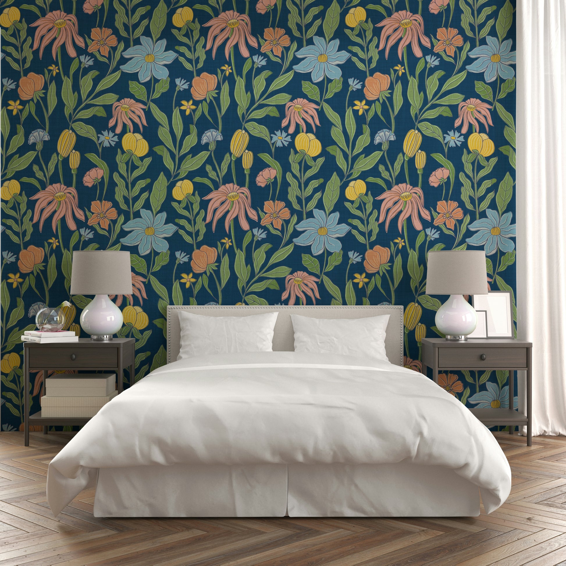 A wallpaper design with a vintage floral pattern.

