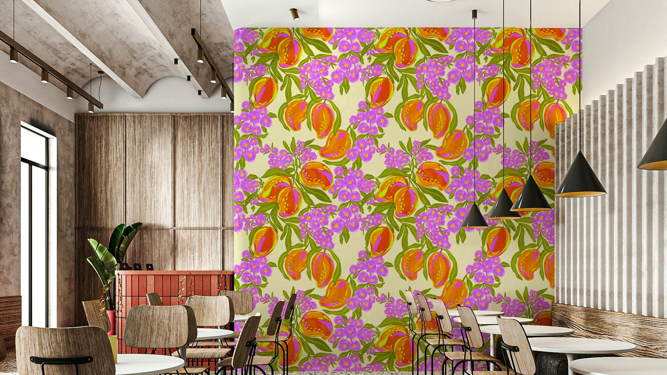 The image shows an artistic impression of a serene mango leaf scene.

