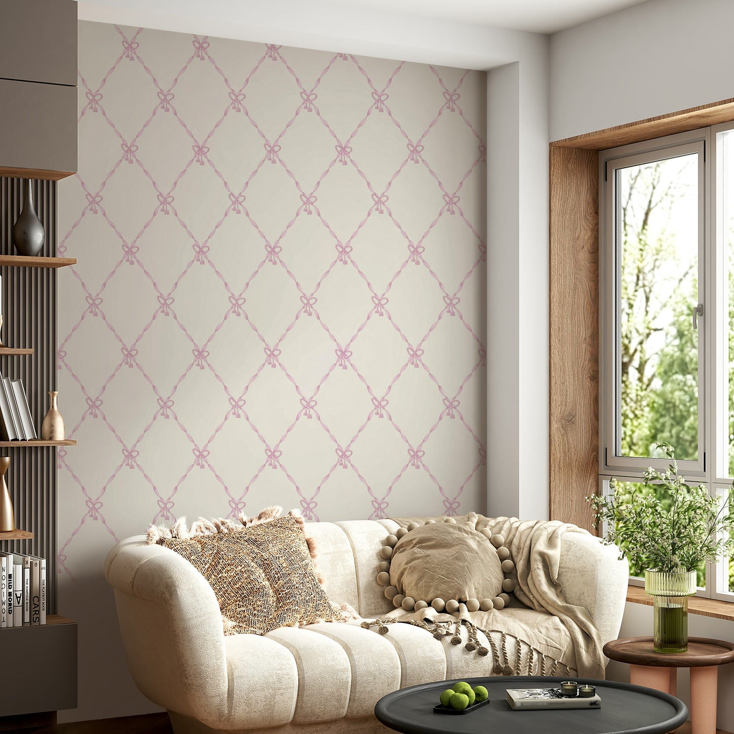 A wall mural of a peaceful lace and tassel pattern.


