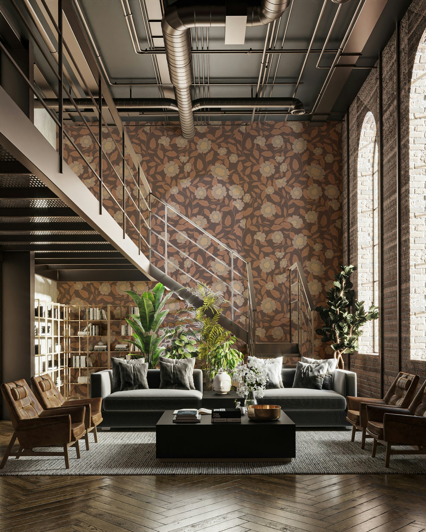 A wall mural of a peaceful floral pattern.

