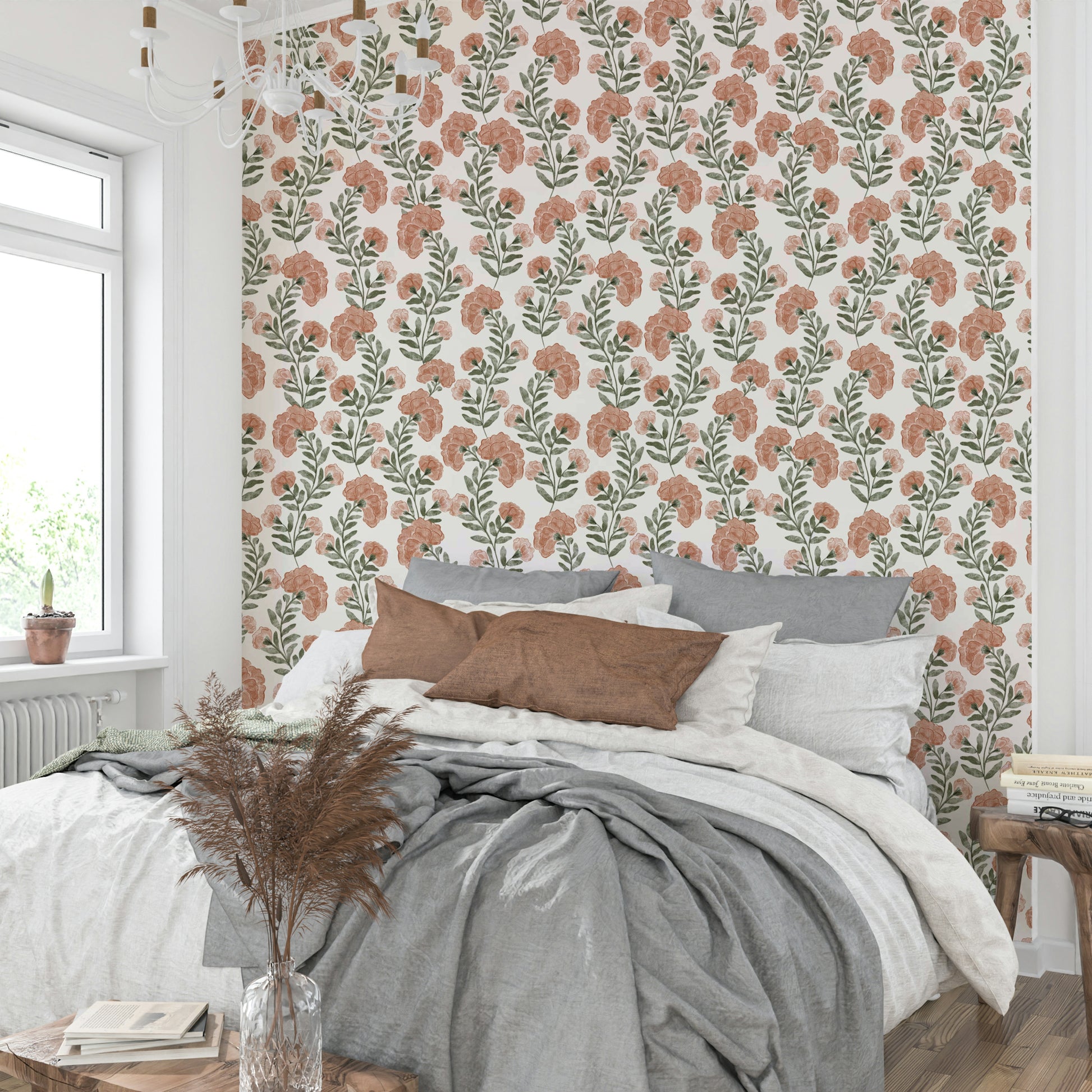 A wall mural of a peaceful floral pattern.

