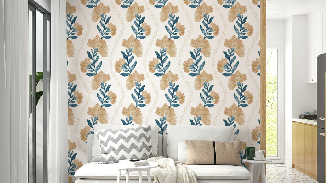 A wall mural of a peaceful floral pattern.

