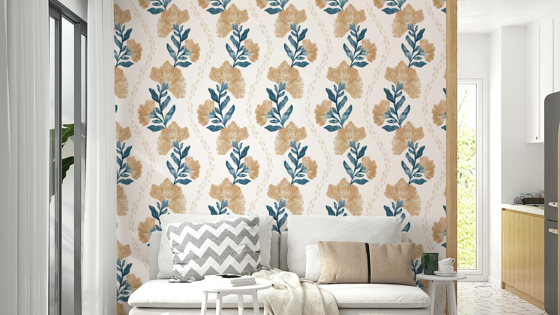 A wall mural of a peaceful floral pattern.

