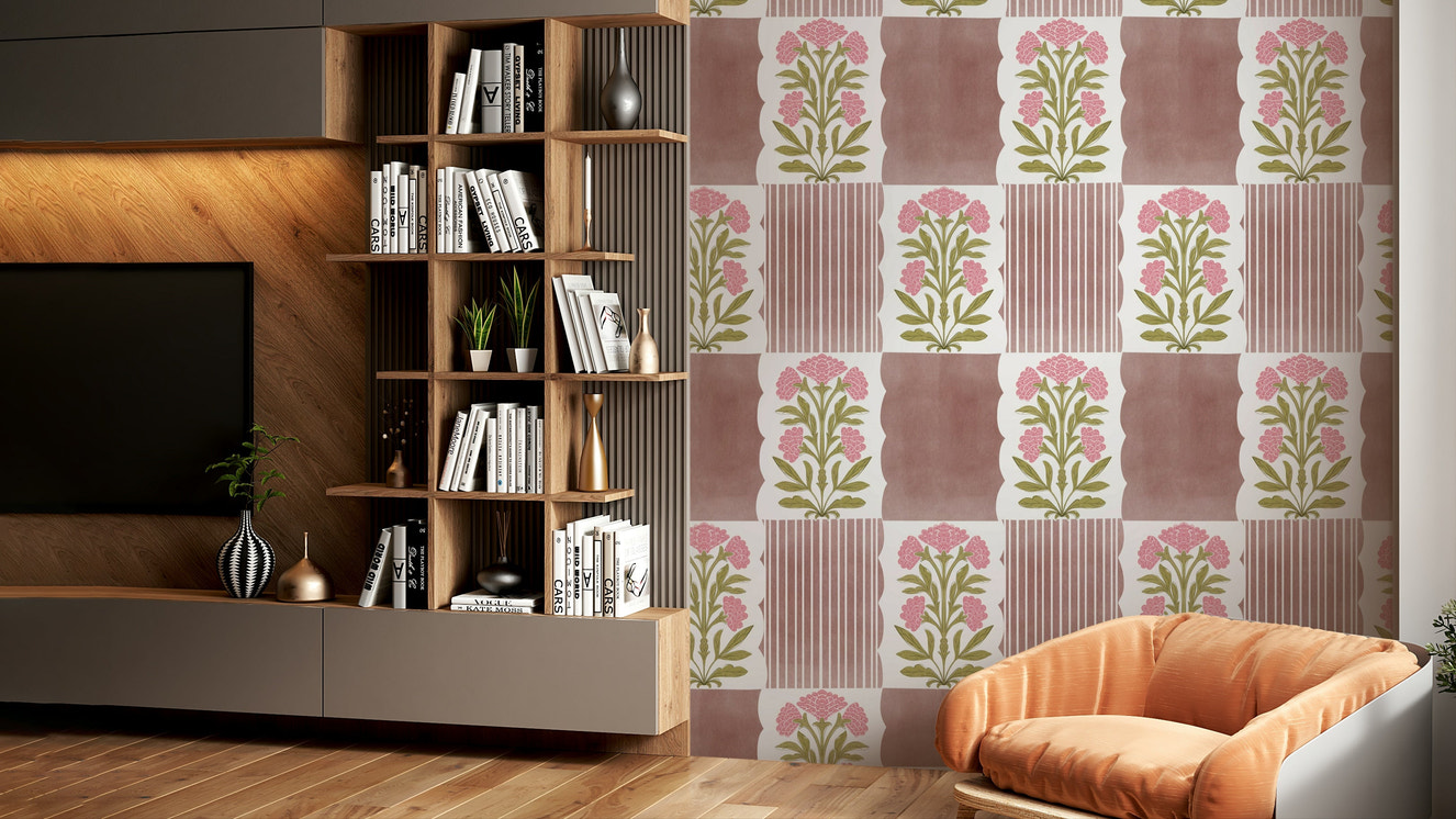 A wall mural of a floral and stripe pattern.

