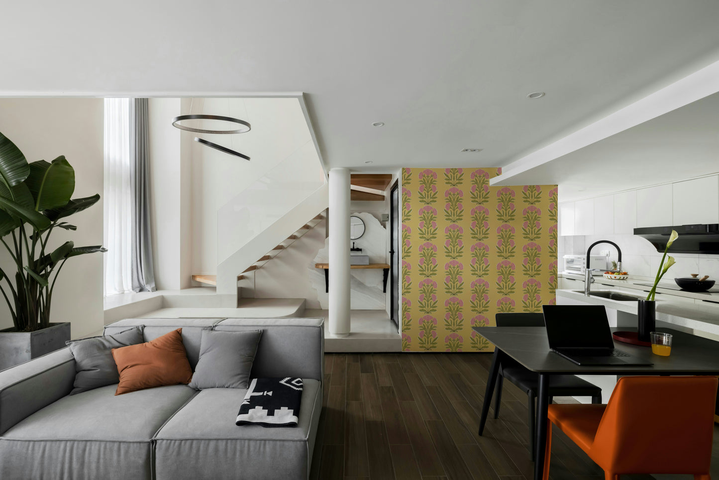 The image shows a peaceful, traditional floral pattern with a golden sheen.

