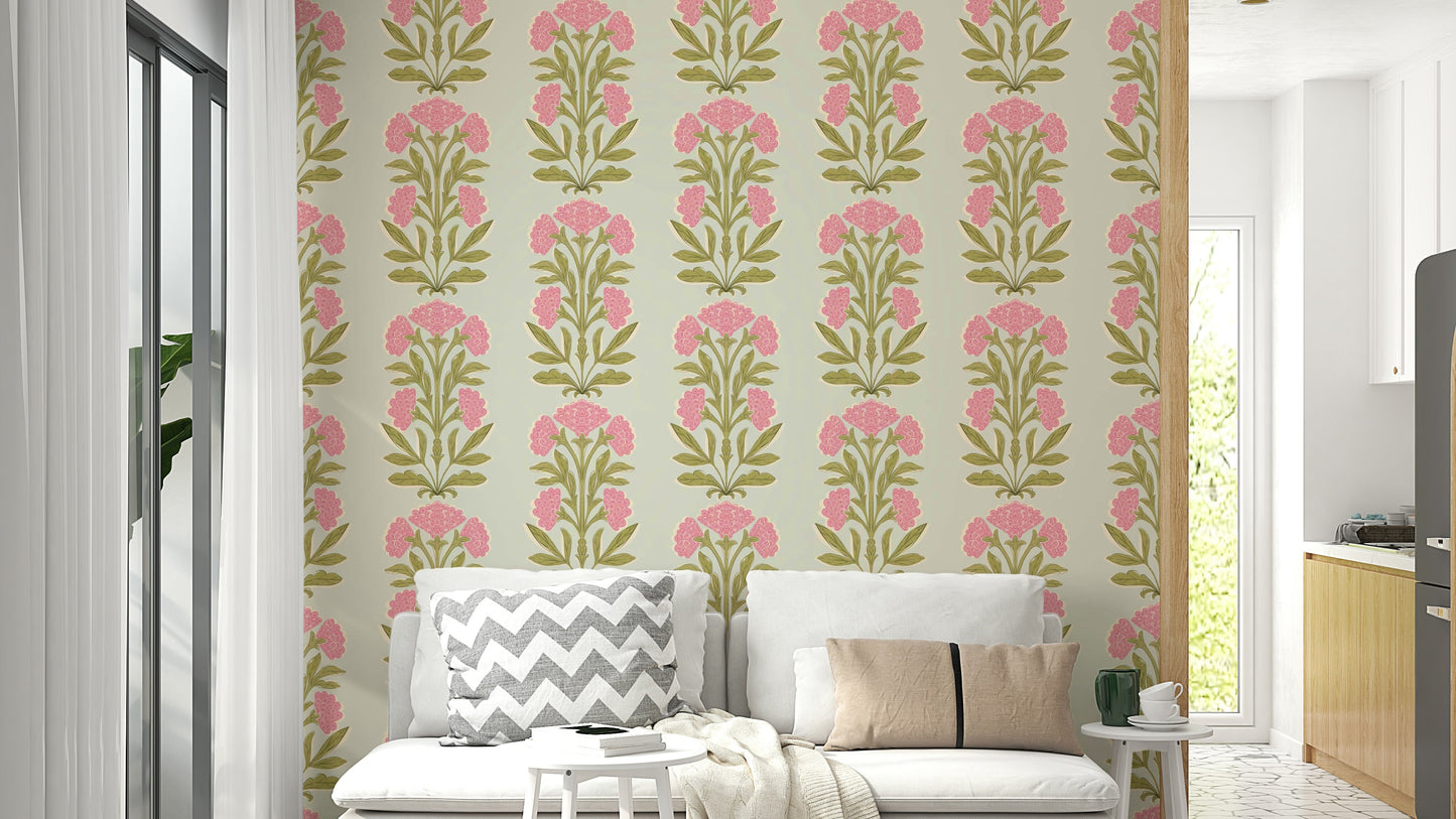 A wall mural of a symmetrical floral and stripe pattern.

