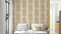 A wall mural of a symmetrical floral and stripe pattern.

