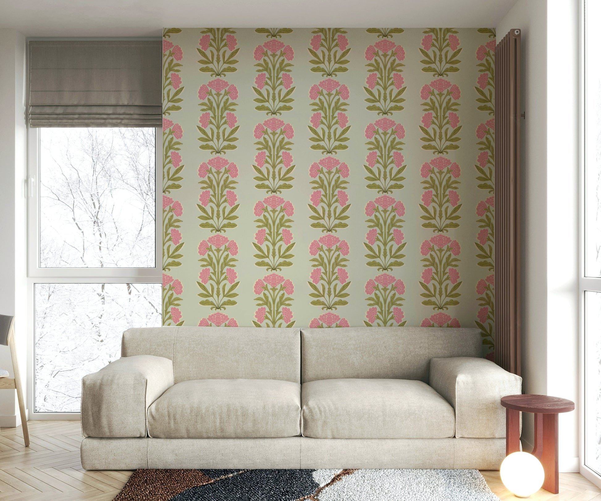 The image shows a peaceful, traditional floral pattern with stripes.

