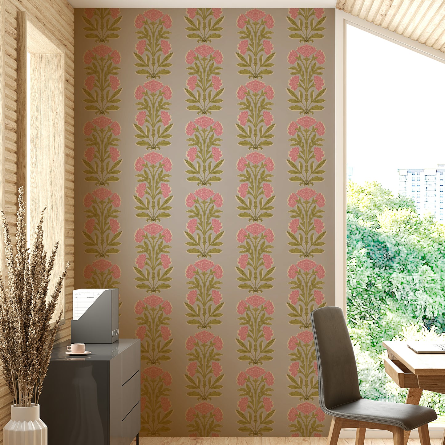 A wall mural of a symmetrical floral pattern.

