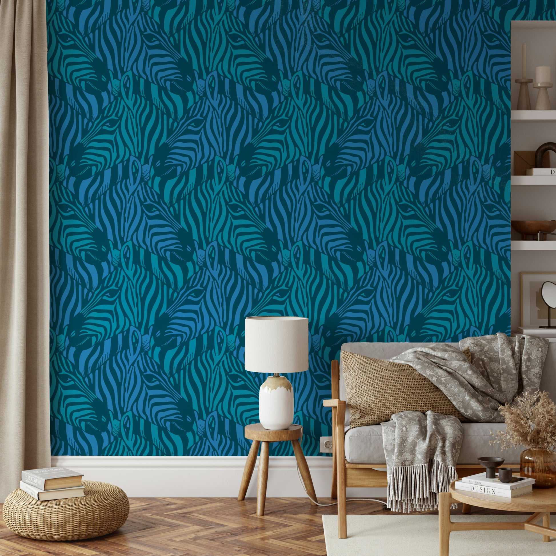 The zebra shapes are a central focus of the image.

