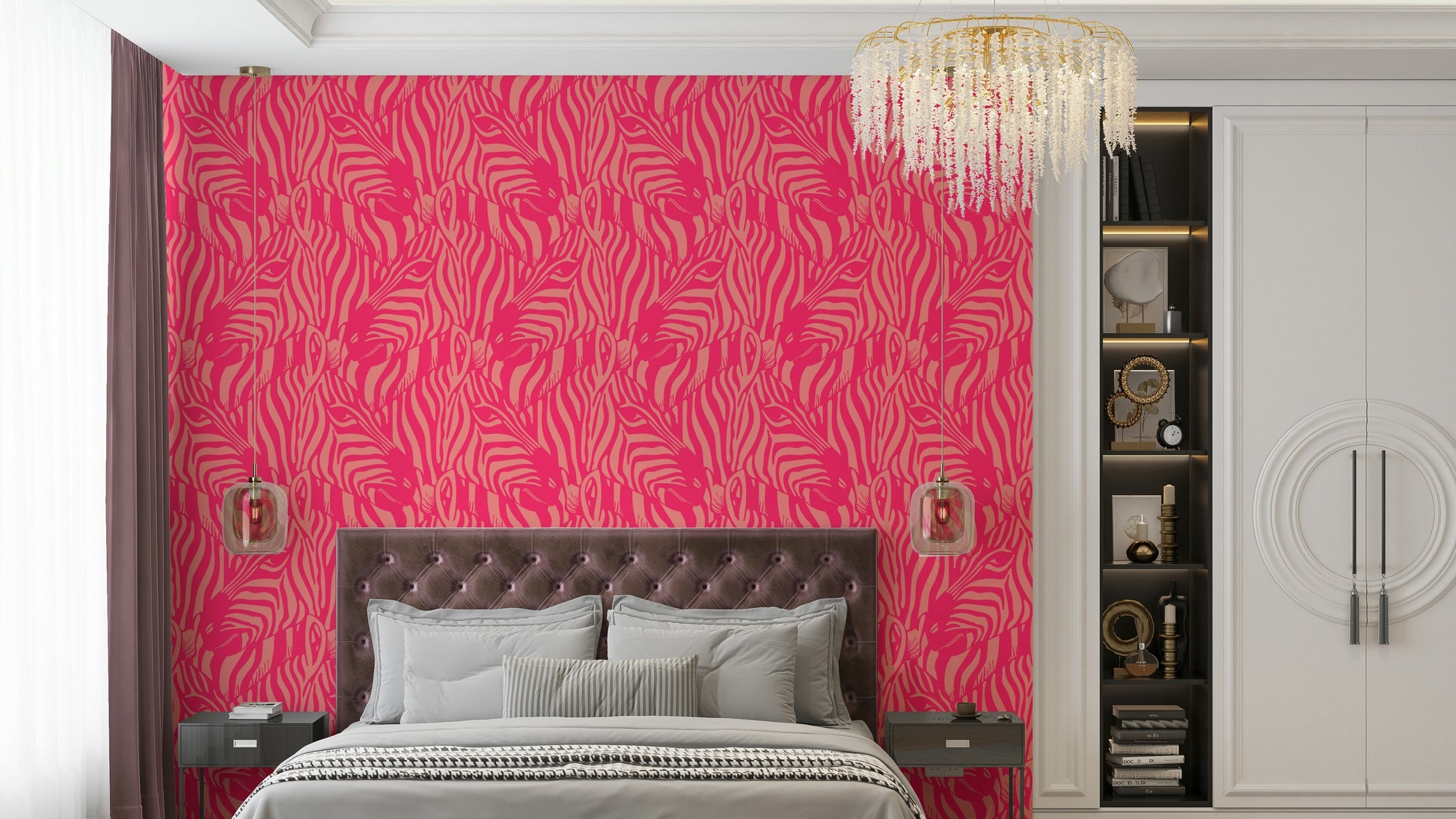 A wall mural of a zebra herd with artistic stripes.

