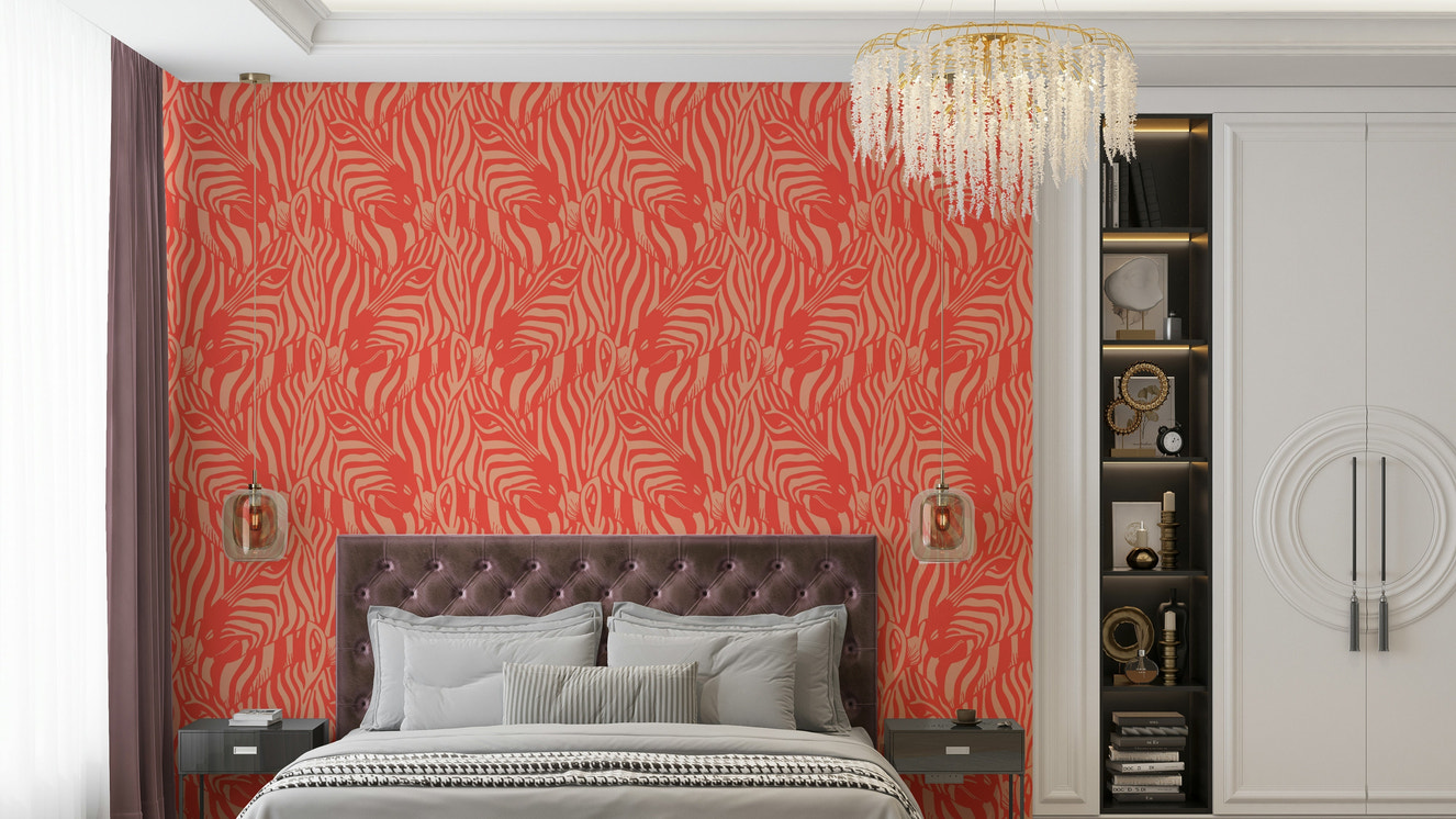 A wall mural of a zebra herd with artistic stripes.

