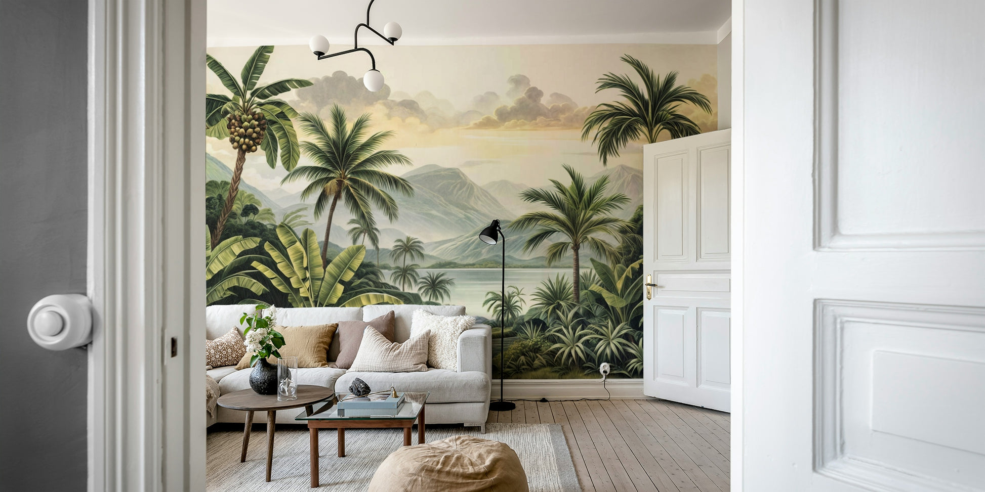 The colors are soft, muted tones of green, blue, and brown.

