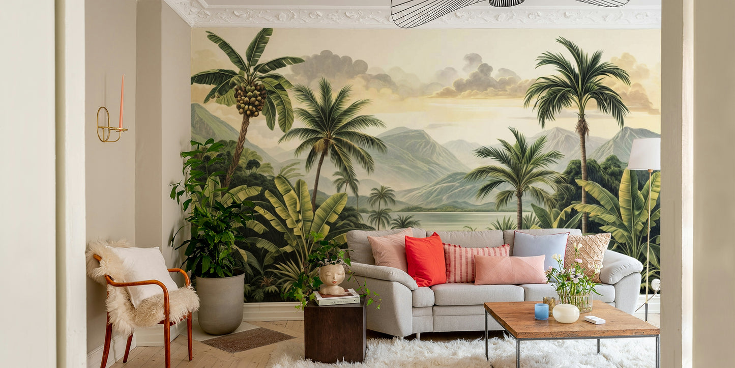 The image shows an artistic impression of a serene mountain scene in the tropics.

