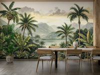 The mountains and tropical foliage are a central focus of the image.