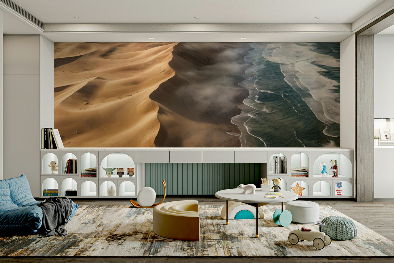 A wall mural of a desert landscape.

