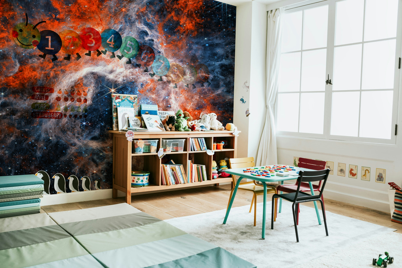A wall mural of a cosmic nebula.

