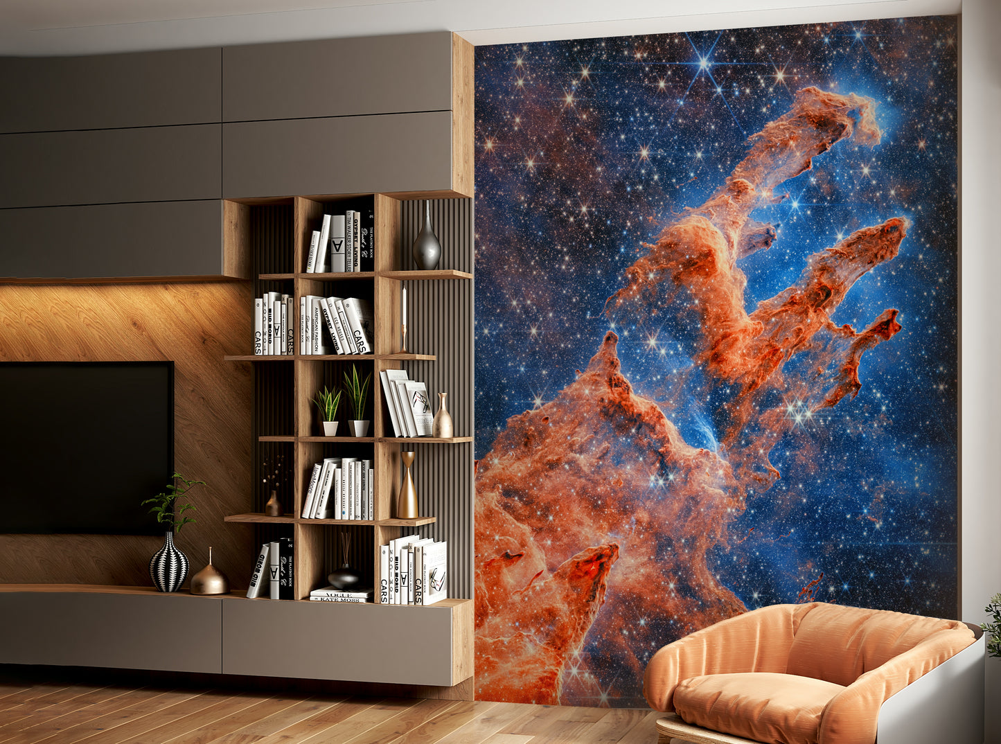 A wall mural of a cosmic nebula.


