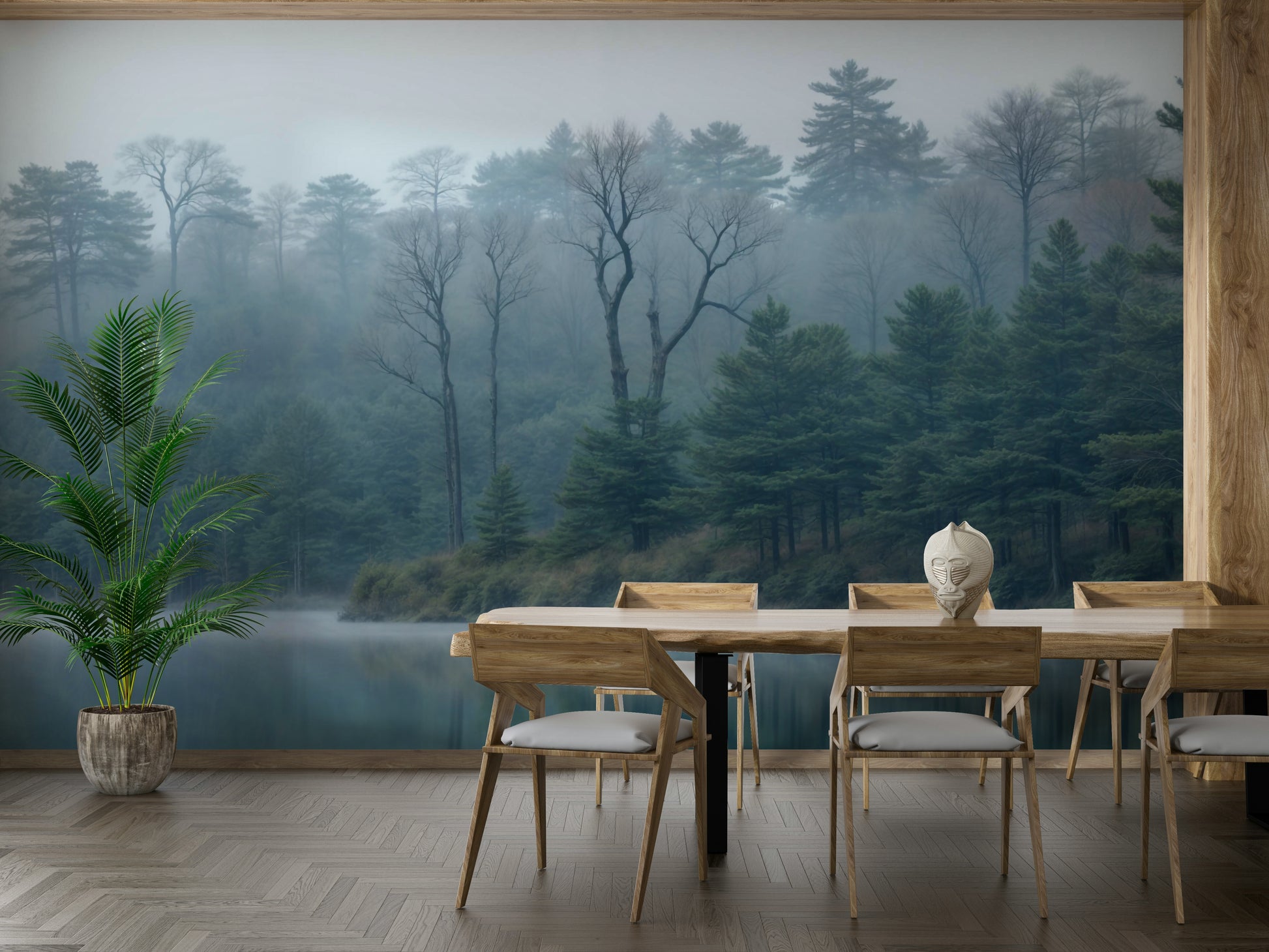 The image shows an artistic impression of a tranquil lake and forest scene.

