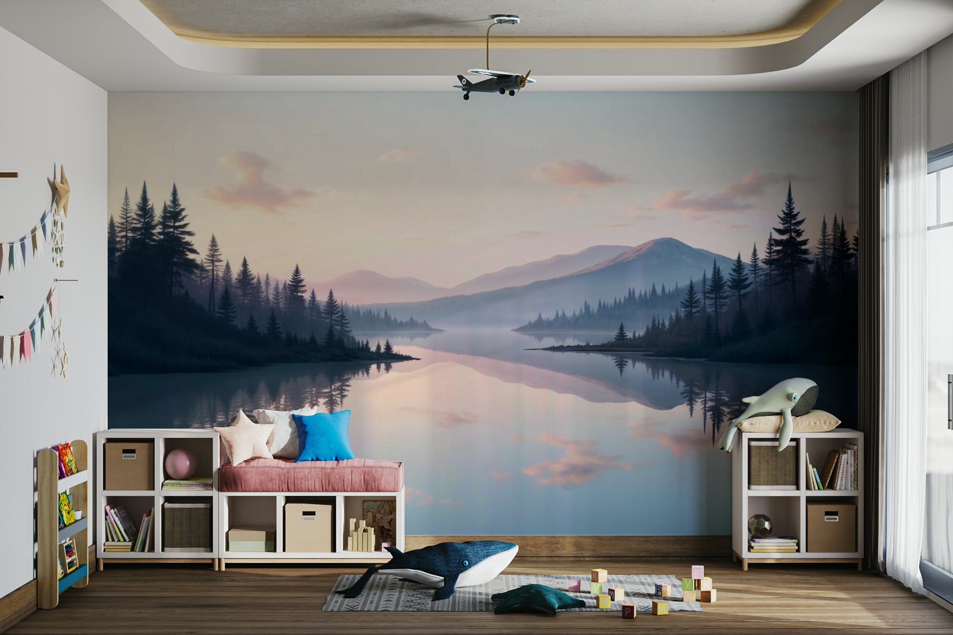 The colors are soft, muted tones of pink, blue, and green.

