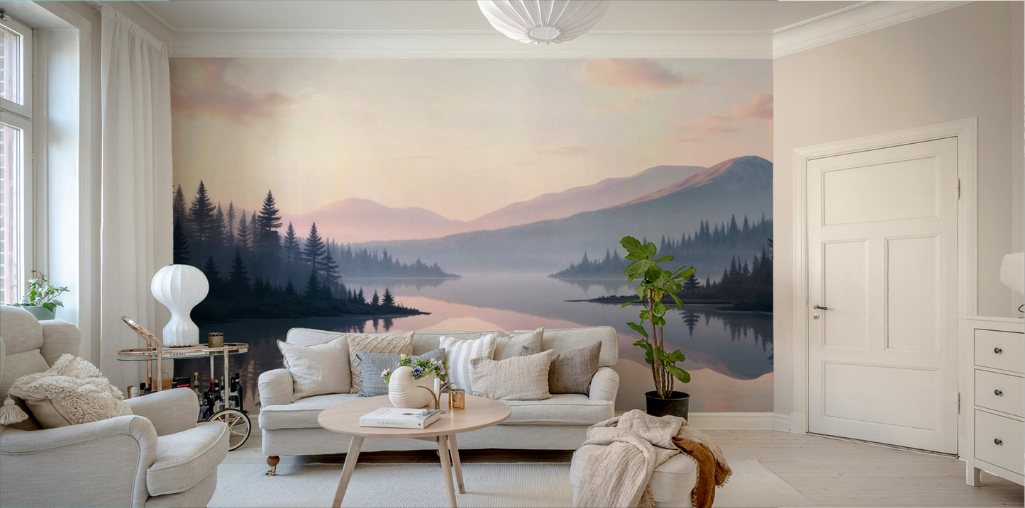 The image shows an artistic impression of a serene lake and mountain scene.

