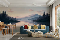 A wall mural of a peaceful lake scene.

