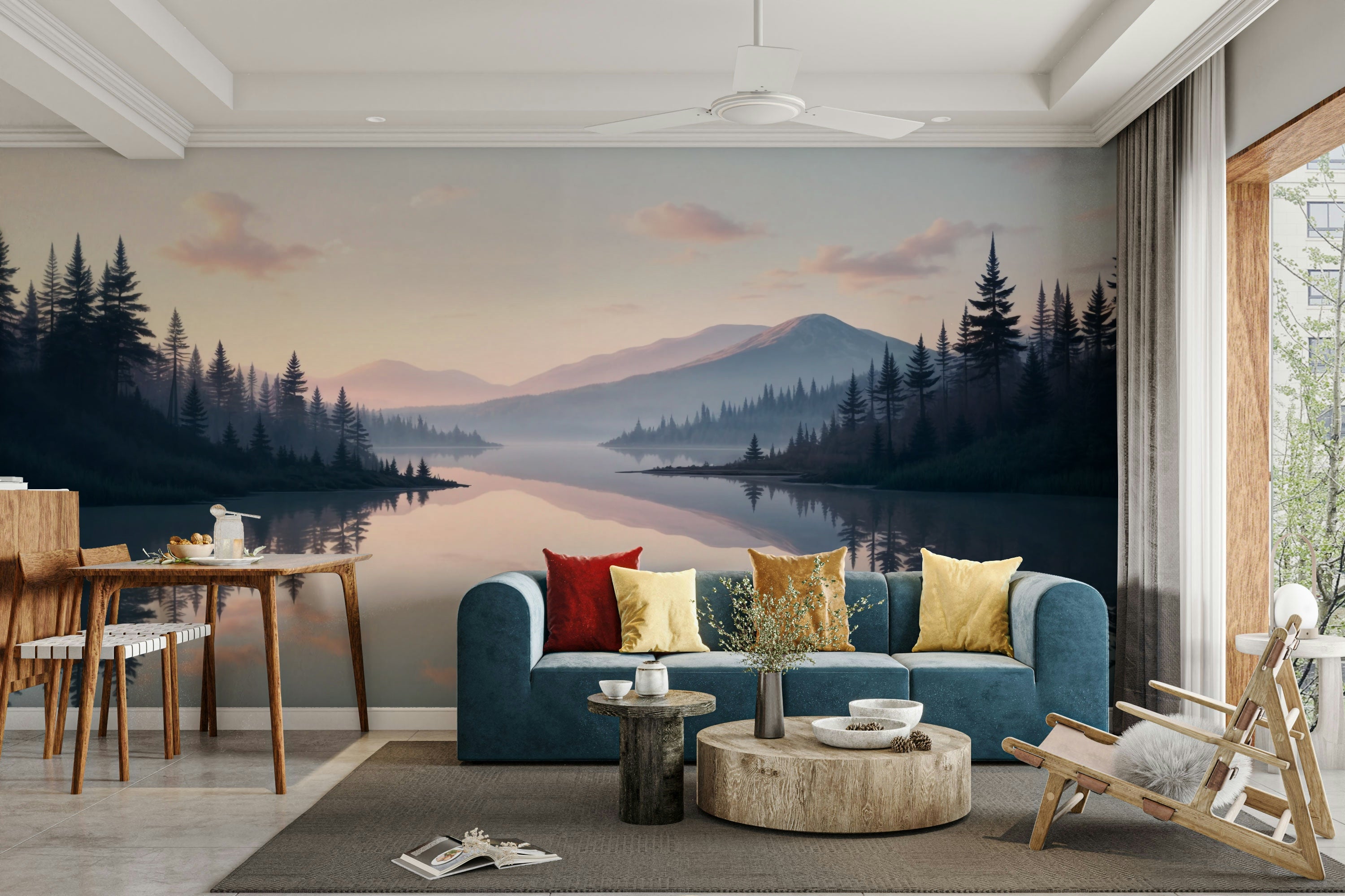 A wall mural of a peaceful lake scene.

