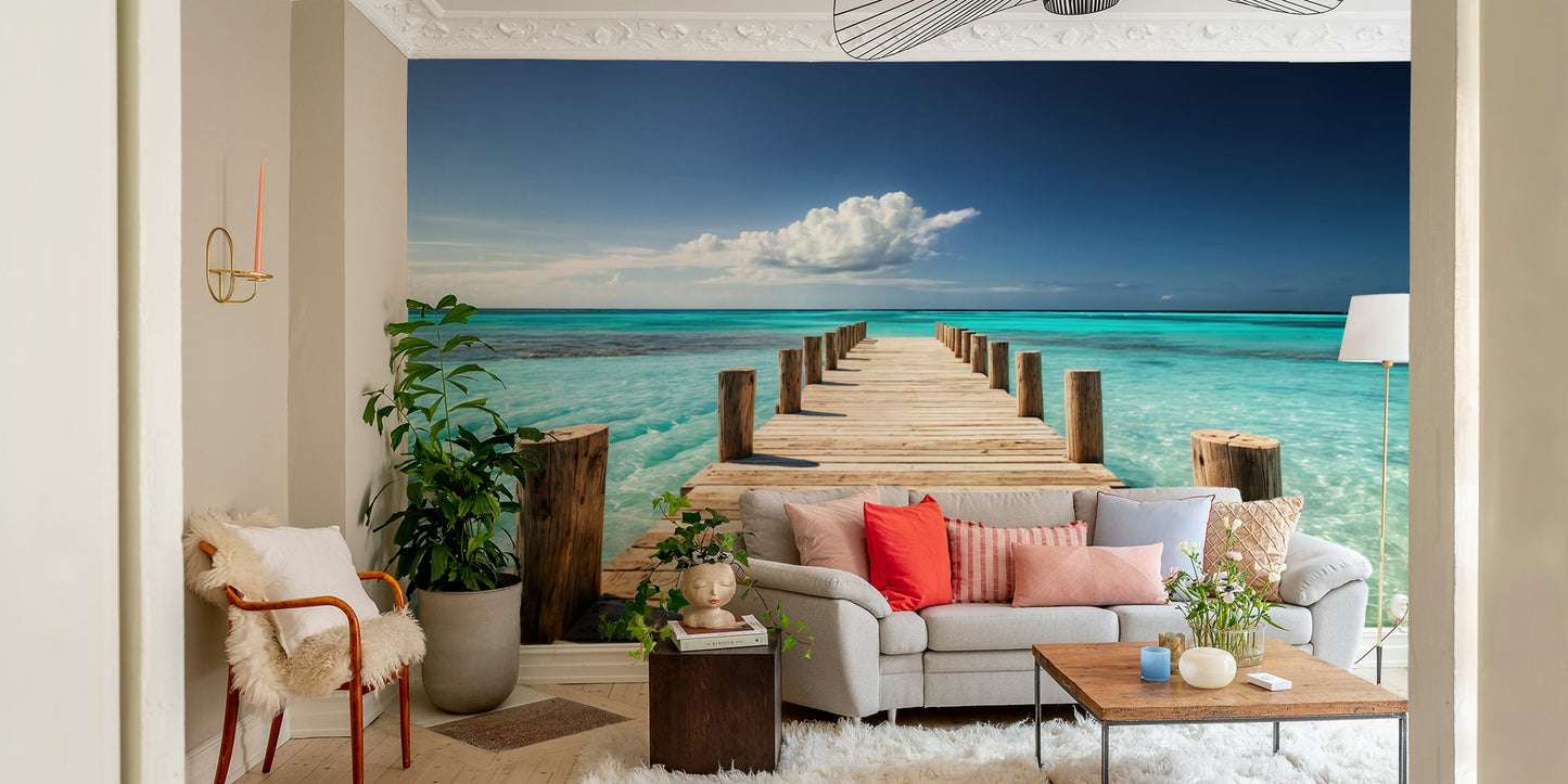 A wall mural of a peaceful pier over water.

