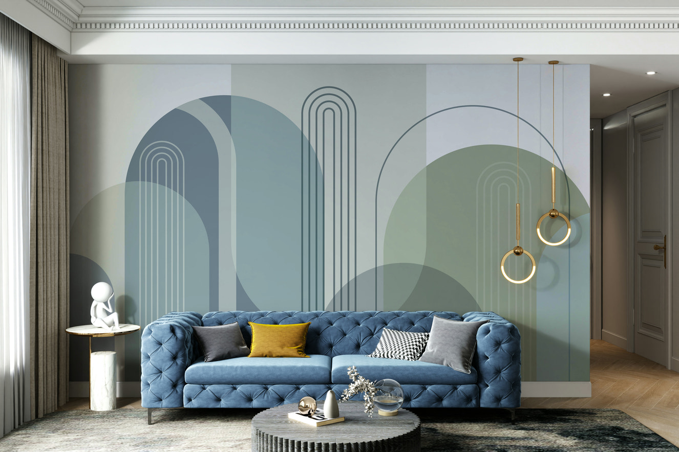 A wall mural of a geometric arch pattern.

