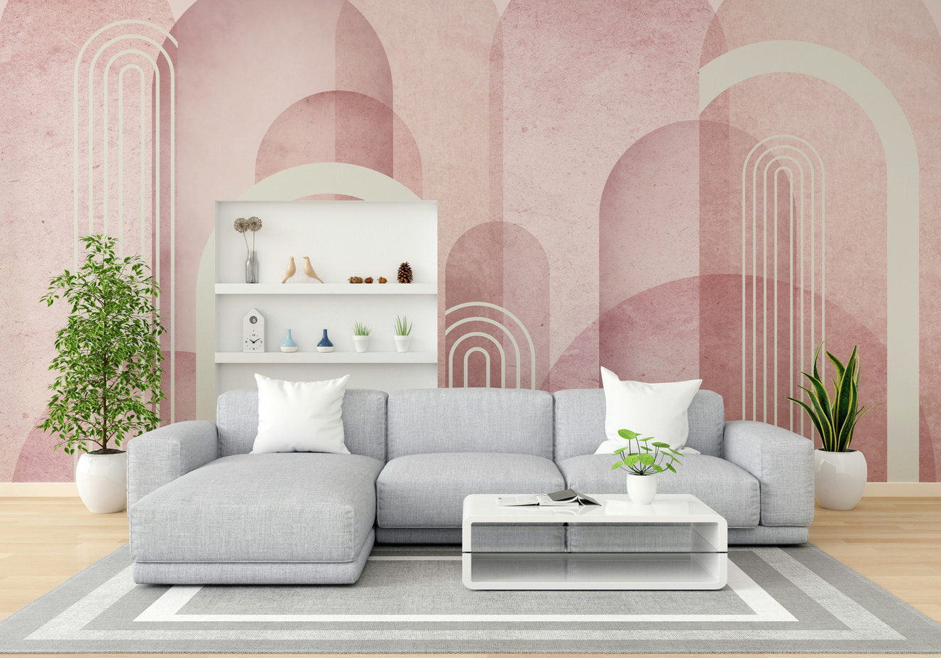 A wall mural of a geometric arch pattern.


