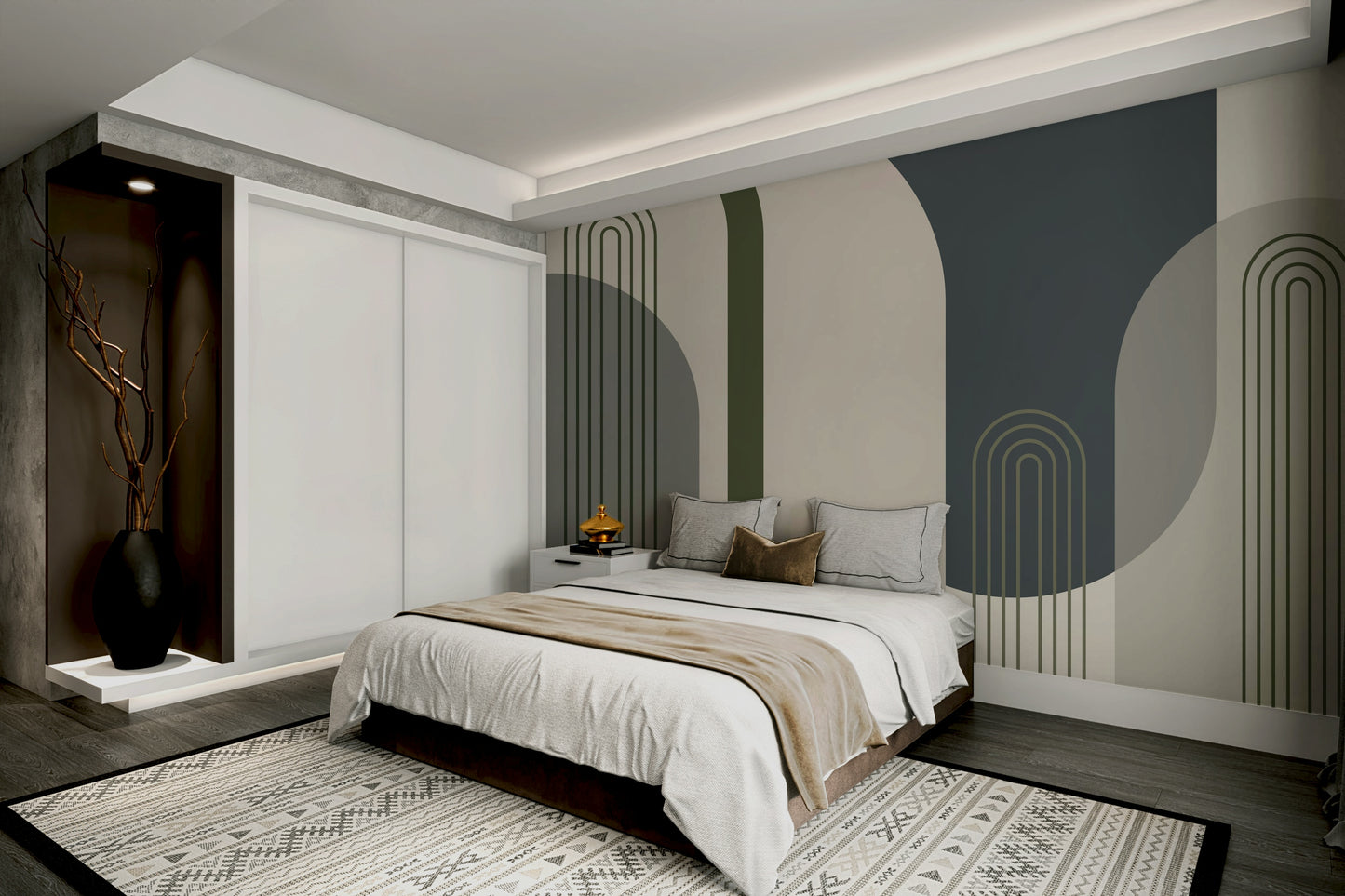 A wall mural of a geometric arch pattern.

