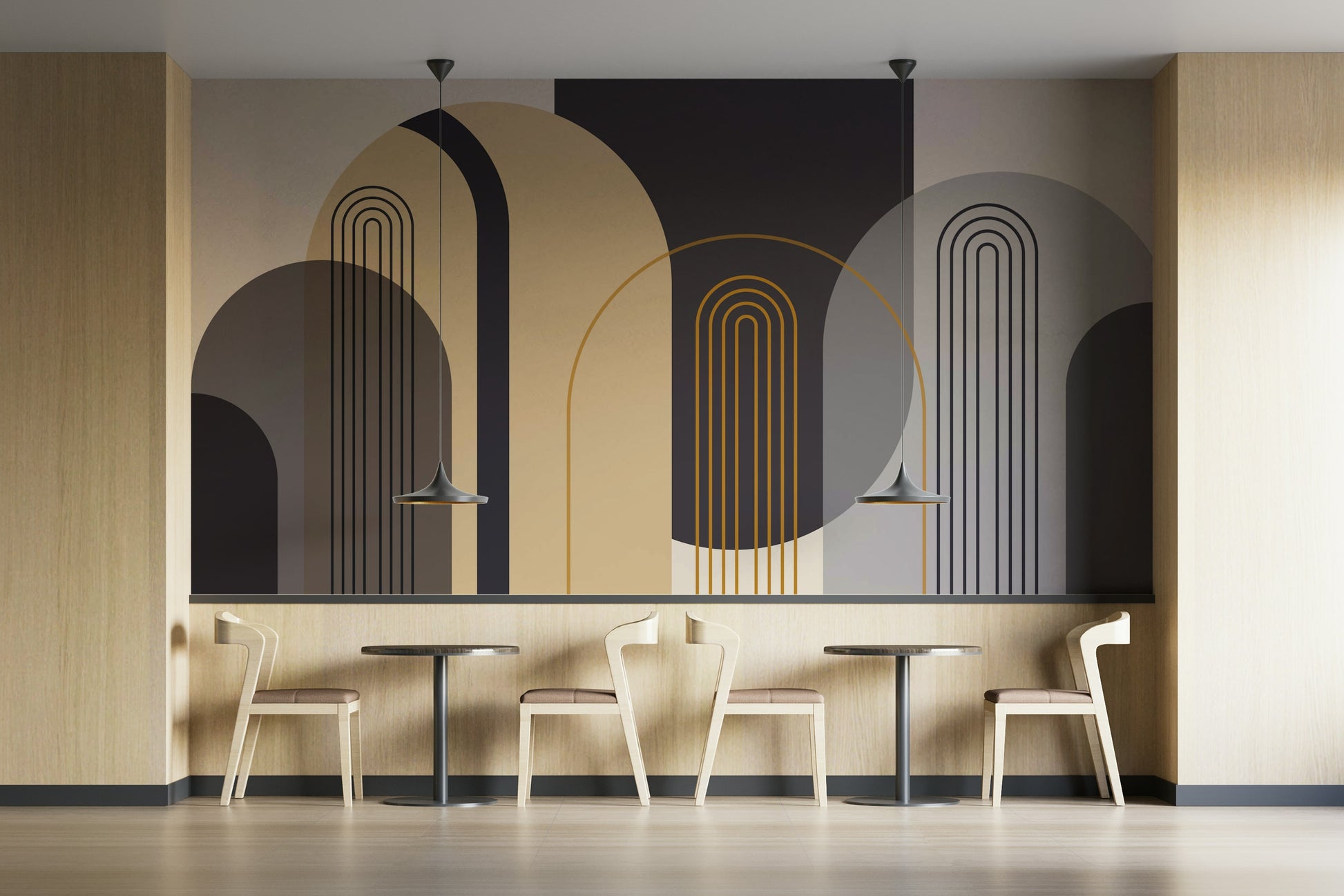 A wall mural of a geometric arch pattern.


