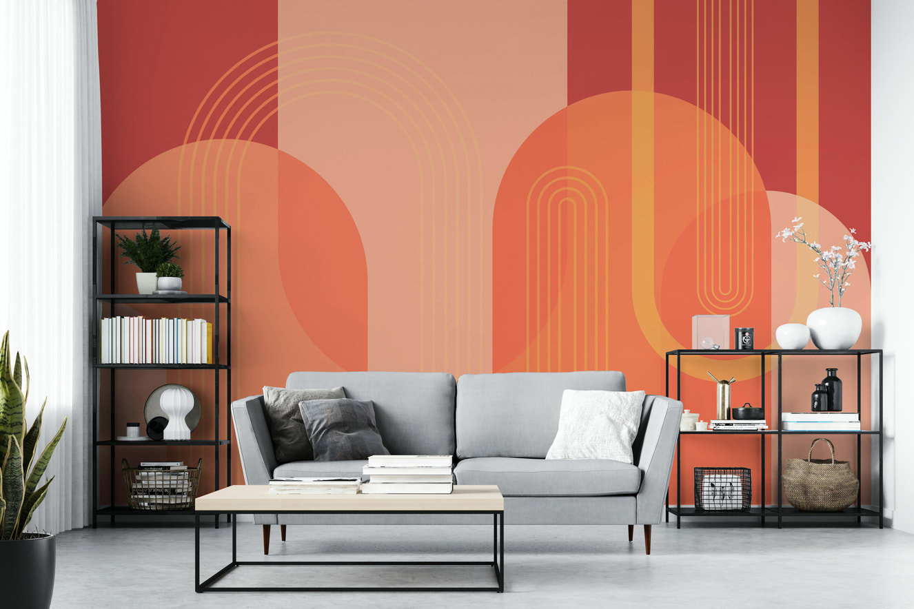 A wall mural of a geometric arc pattern.

