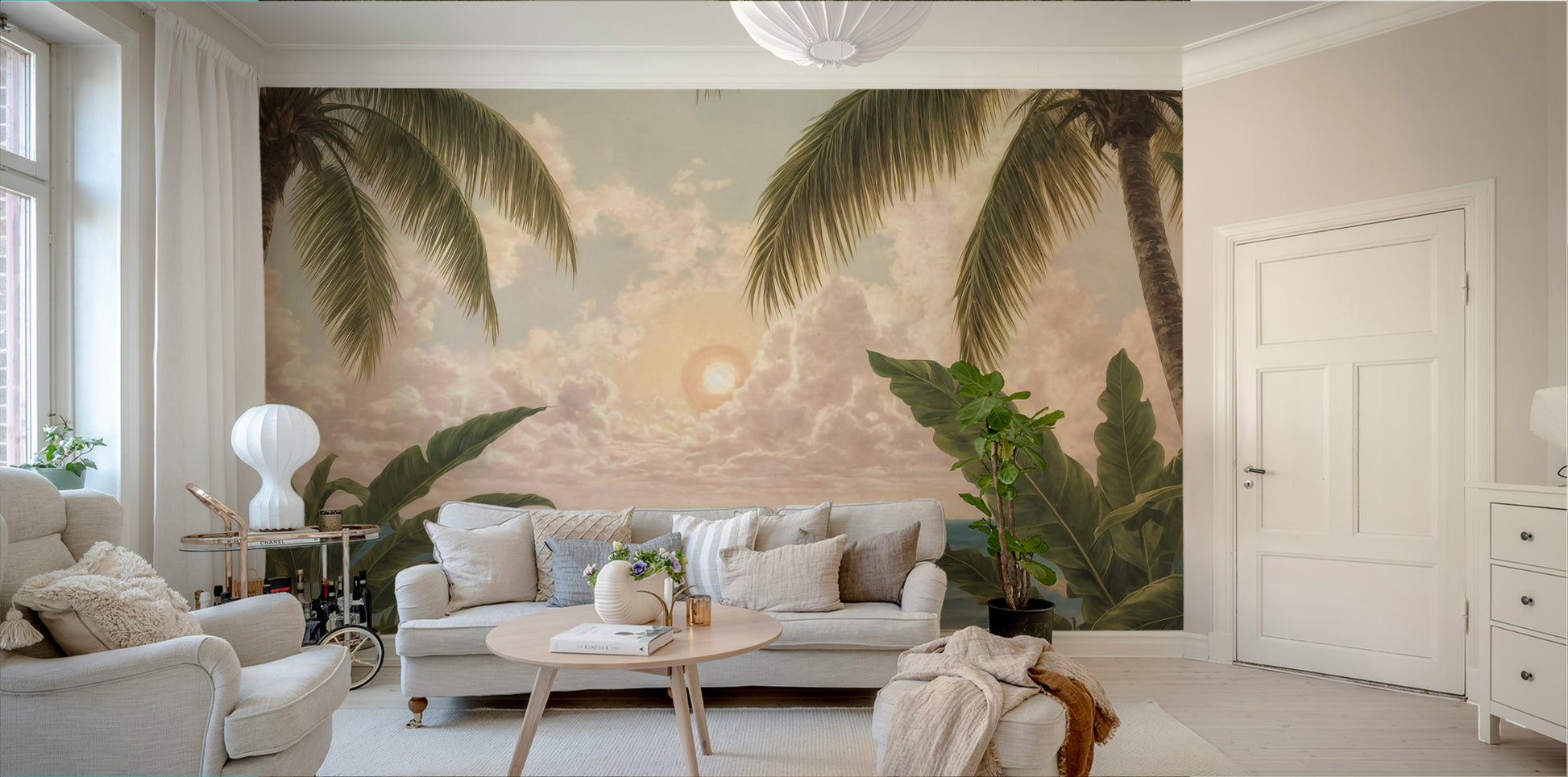 A wall mural of an abstract, coastal scene.

