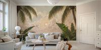 A wall mural of an abstract, coastal scene.

