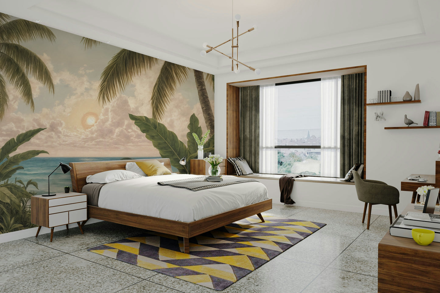 The colors are soft, muted tones of blue, beige, and white.

