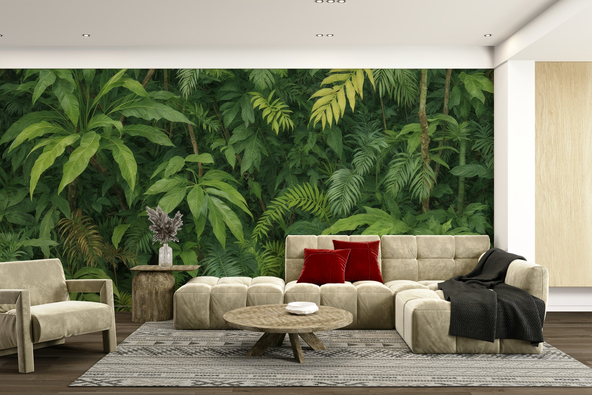 The tropical leaves are a central focus of the image.