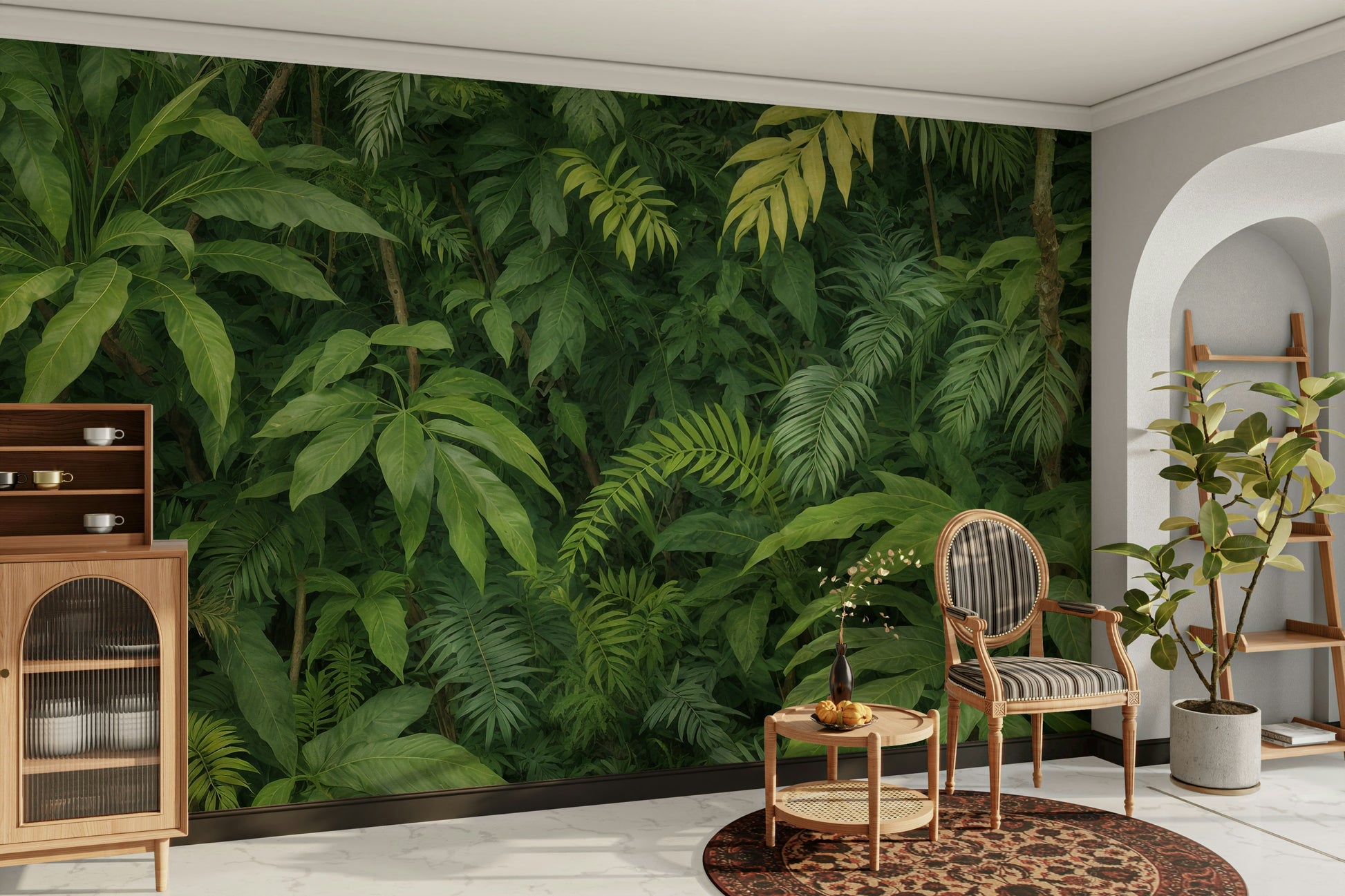 A wall mural of a tropical forest canopy.

